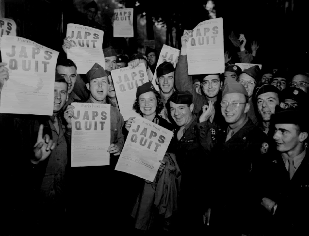 From the National Veterans Organization of America.  GIs in Paris celebrate the surrender of Japan with special editions of the Paris Post