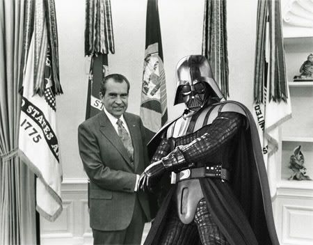 Darth Vader shakes hands with President Richard Nixon.