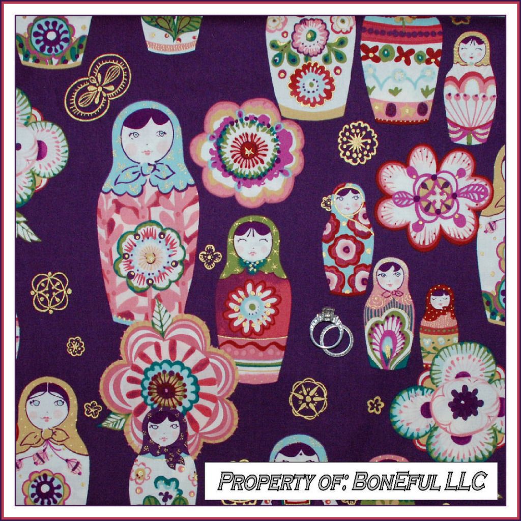 BonEful Fabric FQ Cotton Quilt VTG Purple Gold L Matryoshka Russian