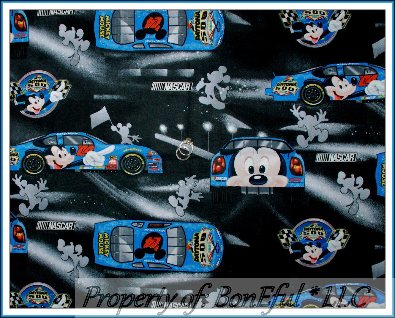 Boneful Fabric Fq Cotton Vtg Disney Mickey Mouse Boy Nascar Race Car