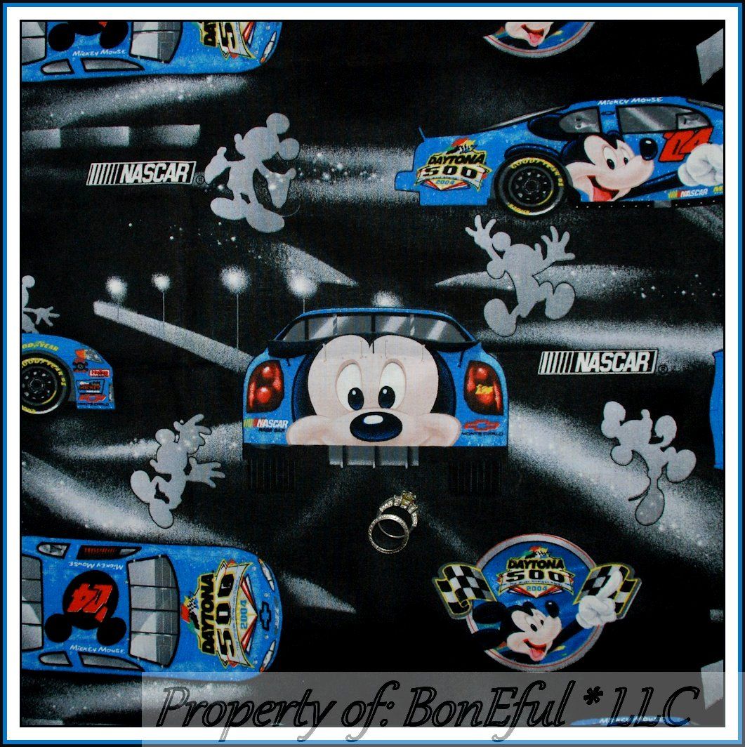 Boneful Fabric Fq Cotton Vtg Disney Mickey Mouse Boy Nascar Race Car