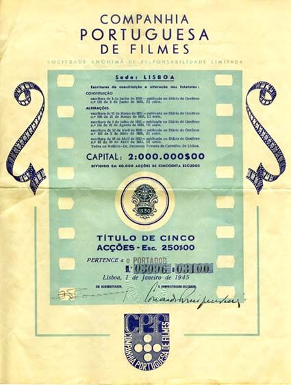 Título de 5 acções da Companhia Portuguesa de Filmes, de 1945.
