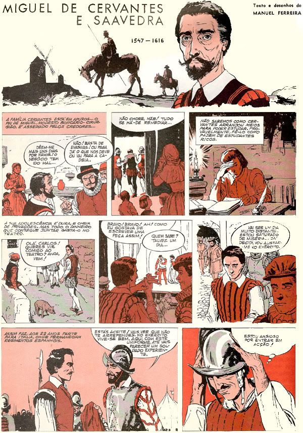 Primeira página da história sobre Cervantes, em que é assinalada a autoria dos desenhos e do argumento por Manuel Ferreira