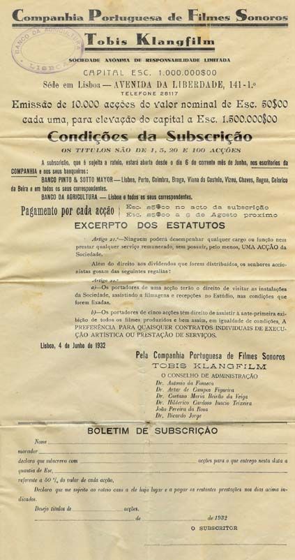 Aviso de subscrição de acções para a Companhia Portuguesa de Filmes Sonoros, de 1932.