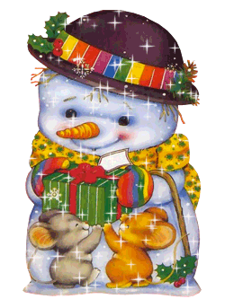 christmas graphics photo: Mouse give snowman christmas present - glitter snowman24.gif