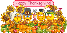 animated thanksgiving photo: Thanksgiving themed smileys and turkey say Happy Thanksgiving! in front of harvested food - animated gif HT_group02.gif