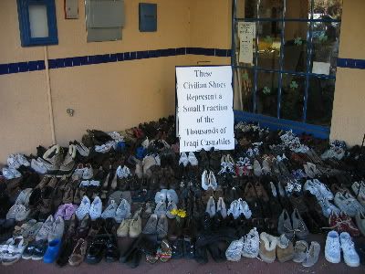 A corner filled with Iraqi shoes