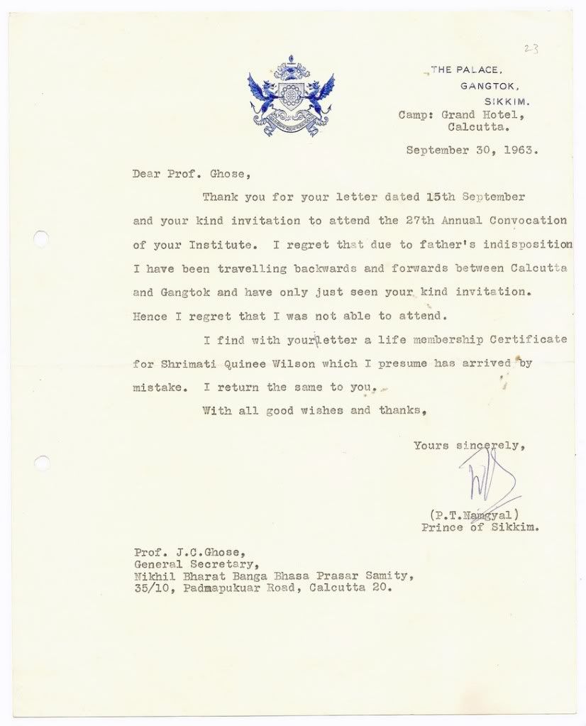 1963 signed letter Prince of Sikkim   India, Tibet, Nepal  