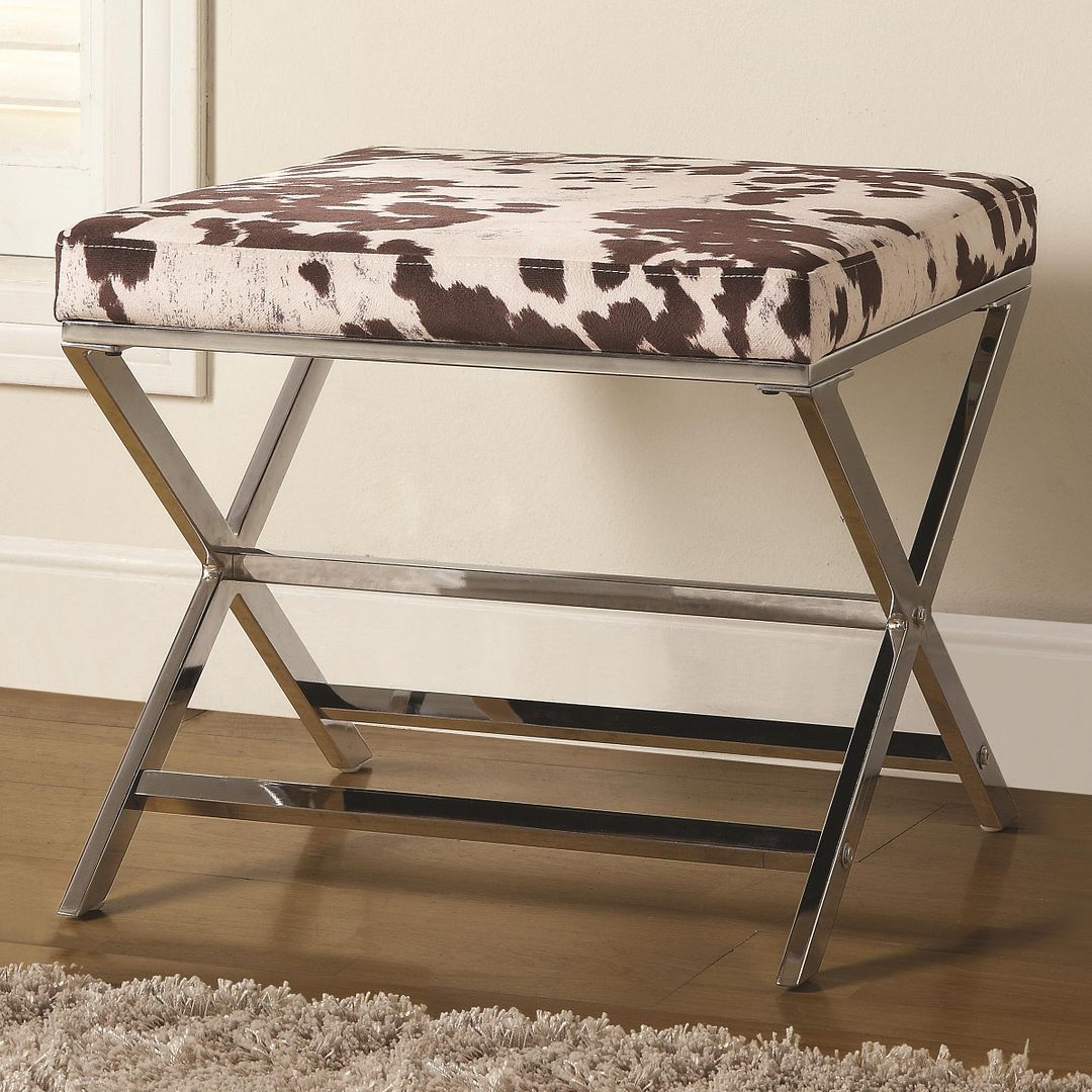 Cow Print Micro Velvet Bench Ottoman With Chrome Legs By