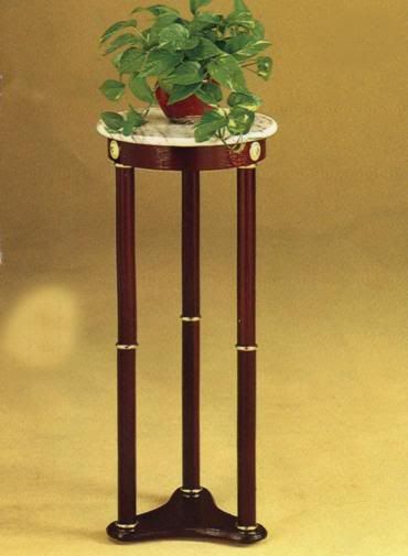 Round Cherry Finish Plant Stand with White Marble Top