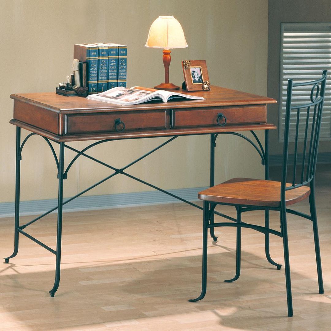 Wood & Metal Office Desk and Chair Set in Dark Oak