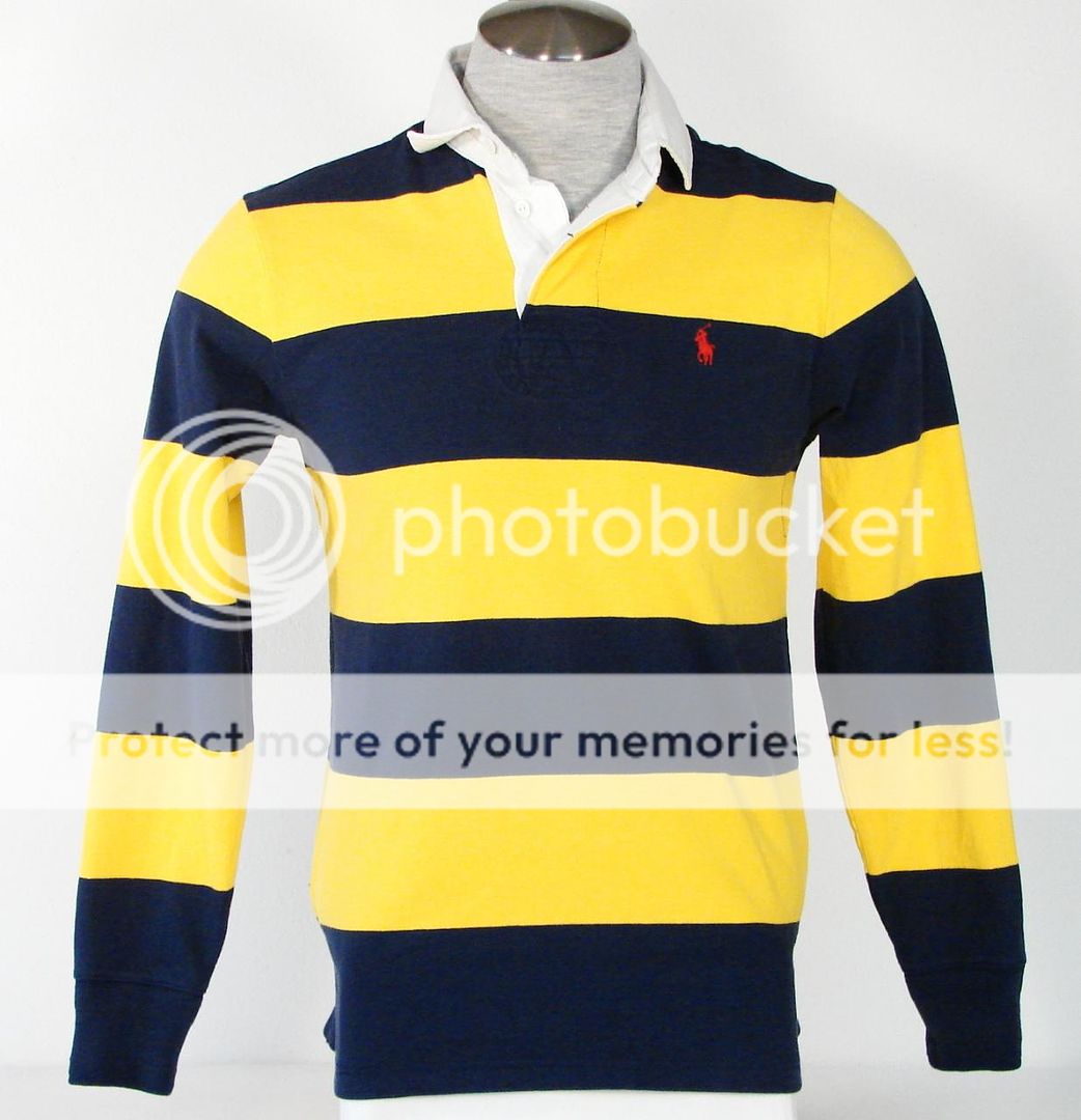 Ralph Lauren Long Sleeve Yellow Navy Blue Stripe Rugby Polo Shirt Mens 