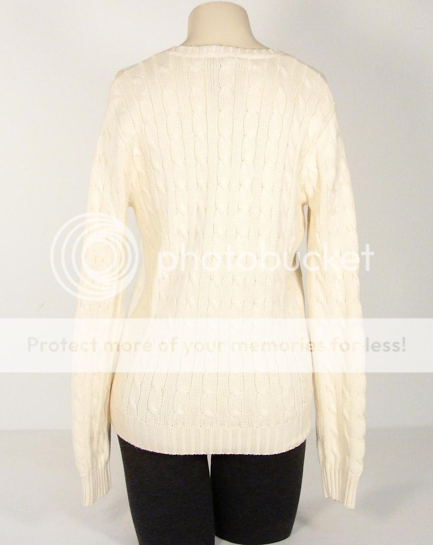 Ralph Lauren V Neck Cable Knit Cream Color Sweater Pony Logo Womans