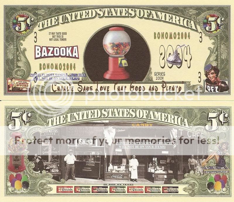 American Old Time Candy Store 5 Cent Bill x 4 Pez Bazooka  