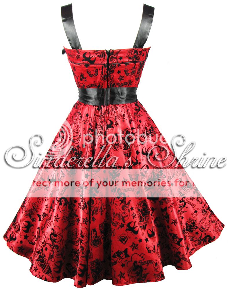 HELL BUNNY Bright Red ~TaTToo FLoCKeD~Satin 50s Party Evening Dress XS ...