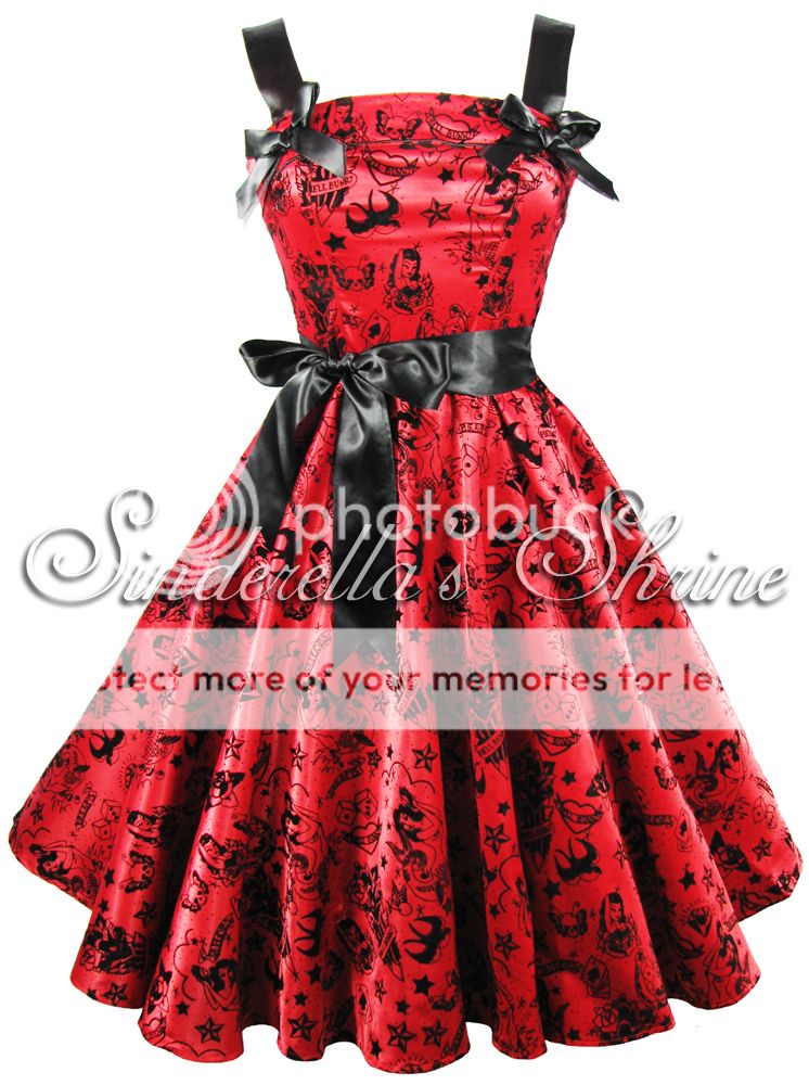 Hell Bunny Bright Red Tattoo Flocked Satin 50s Party Evening Dress XS 4XL 6 20