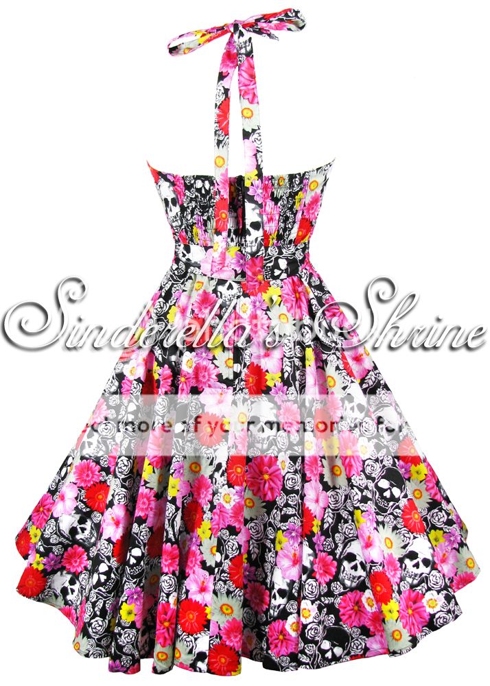 SALE Hell Bunny~VoNNie~Pink Red Flower Skull Rock n Roll Party Dress Sz ...