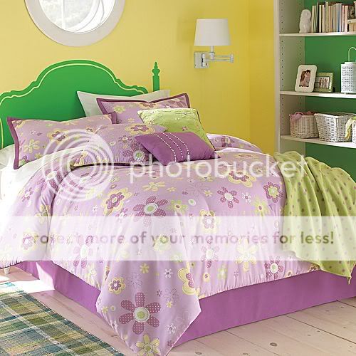 New WHIMSICAL FLOWERS Purple Green Yellow FULL/QUEEN 7p Comforter 