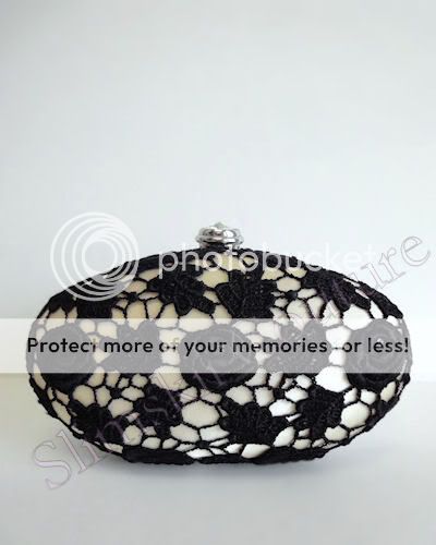 New Oval SONDRA ROBERTS Black Lace Champagne Frame Evening Clutch Bag 