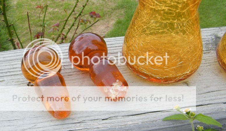 2 Vintage Blown Amber Crackle Blenko Old Antique Glass Decanter Bottle Cruet Set