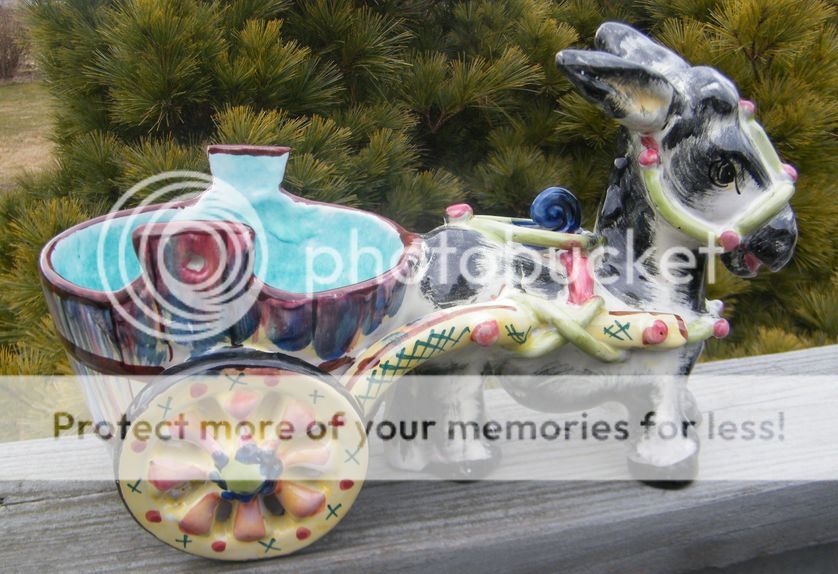   ITALIAN HAND PAINTED Majolica Donkey Cart Art Pottery Figurine Planter