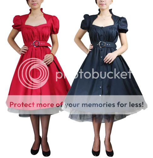 Belted Black or Red 50s Rockabilly Swing Pinup Dress  