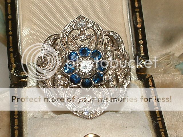 LARGE WIDE 18CT WHITE GOLD SAPPHIRE DIAMOND FLOWER CLUSTER RING  