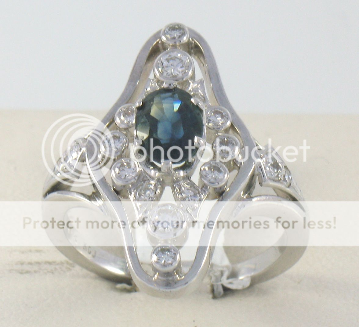 14k White Gold Diamond Sapphire Elongated Ladies Ring  
