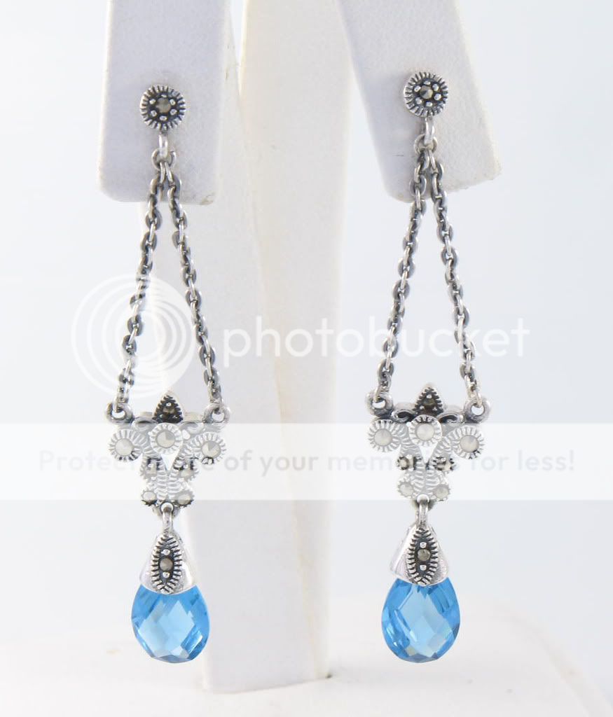 Marcasite Sterling Silver Dangle Blue Topaz Earrings  