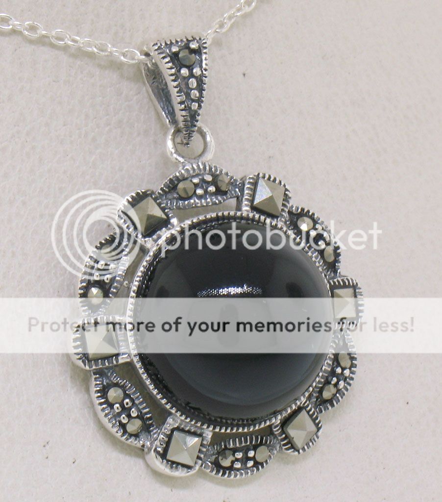 Marcasite Sterling Silver Elegant Round Black Onyx Button Pendant w/ 18in Chain