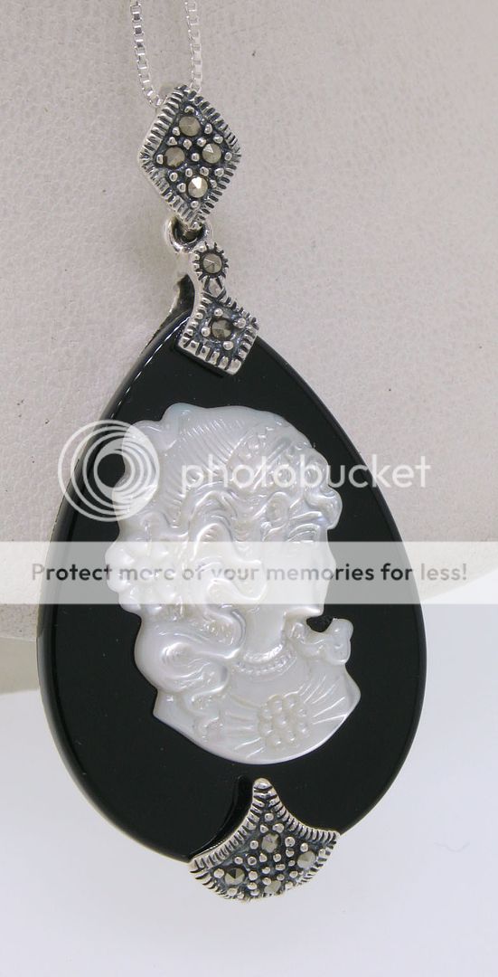 Marcasite St Silver Black Onyx & Mother of Pearl Cameo  