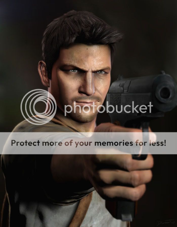 Nathan Drake being smarmy and holding a gun