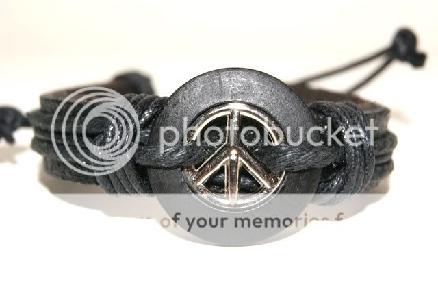 Semi Adjustable Leather Surf Style Peace Sign Bracelet  