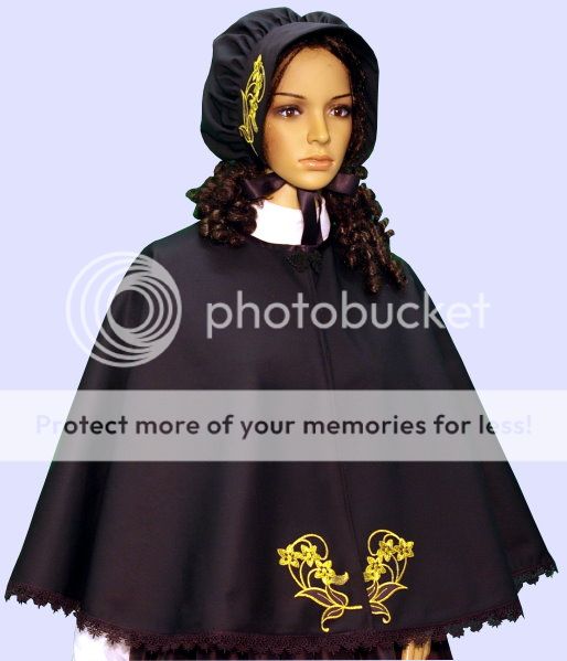 The bonnet is made from the same black fabric as the cape & has the 