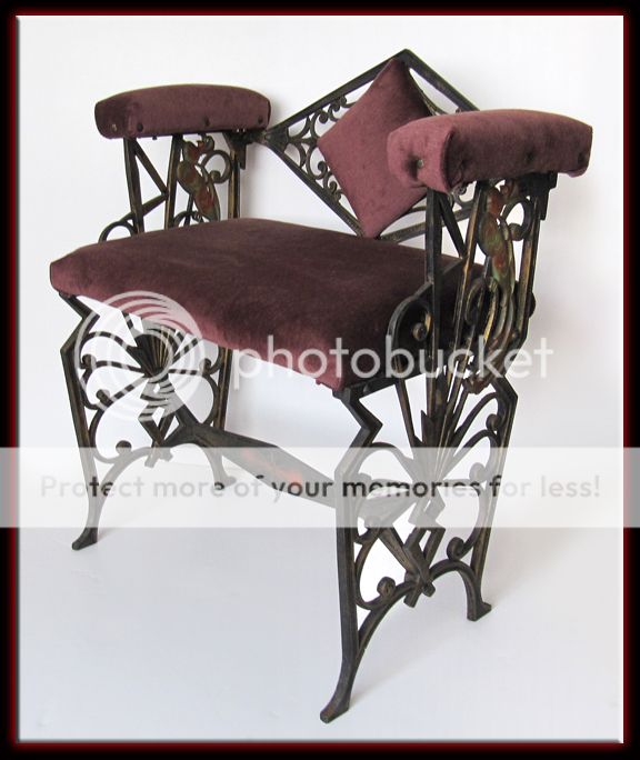 Vintage 1900 Heavy Iron Art Nouveau Steampunk Upholstered Bench Chair w Peacock