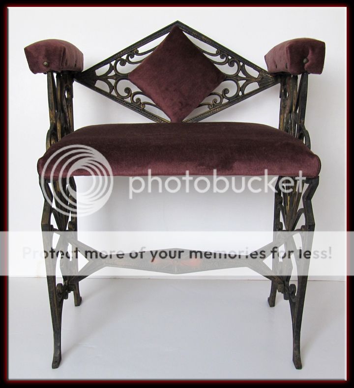 Vintage 1900 Heavy Iron Art Nouveau Steampunk Upholstered Bench Chair w Peacock