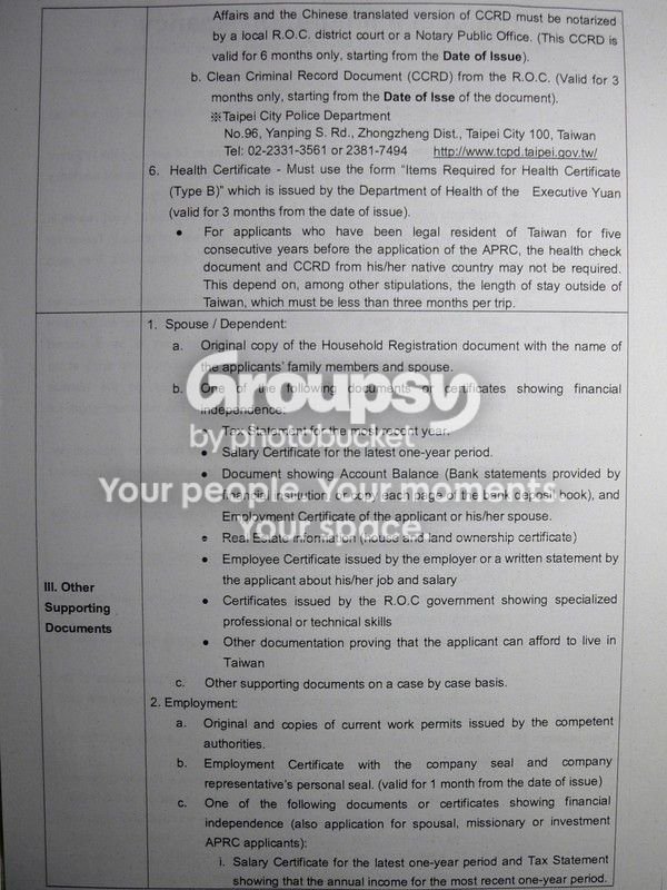 APRC Application Checklist (part 2) - Visa & Residency - Forumosa