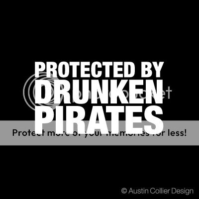 protected by drunken pirates white vinyl decal