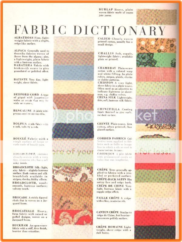 So, here is a concise fabric dictionary on most fabric used in vintage 