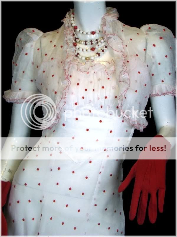 RED DOTS Vintage 30s 40s WHITE ORGANZA Wedding Party Dress Bolero Set 