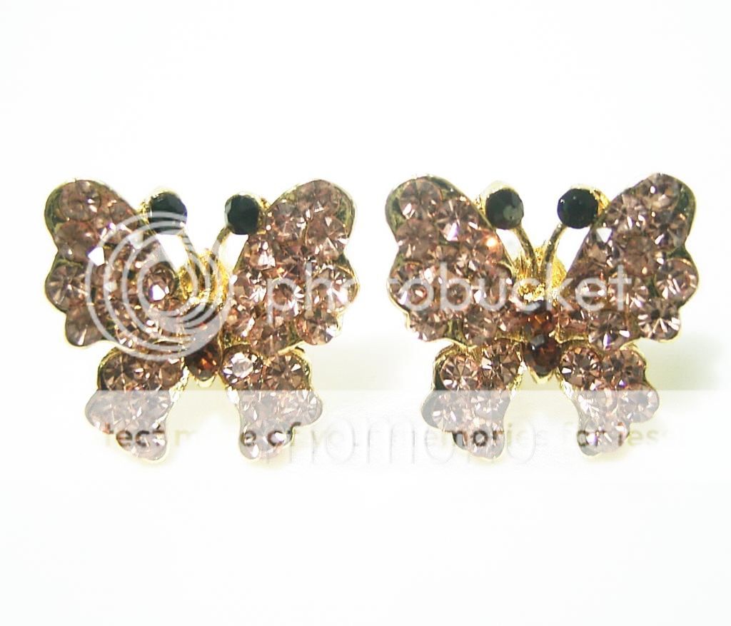 Gold pt Butterfly rhinestones studs CRYSTAL ear ring  