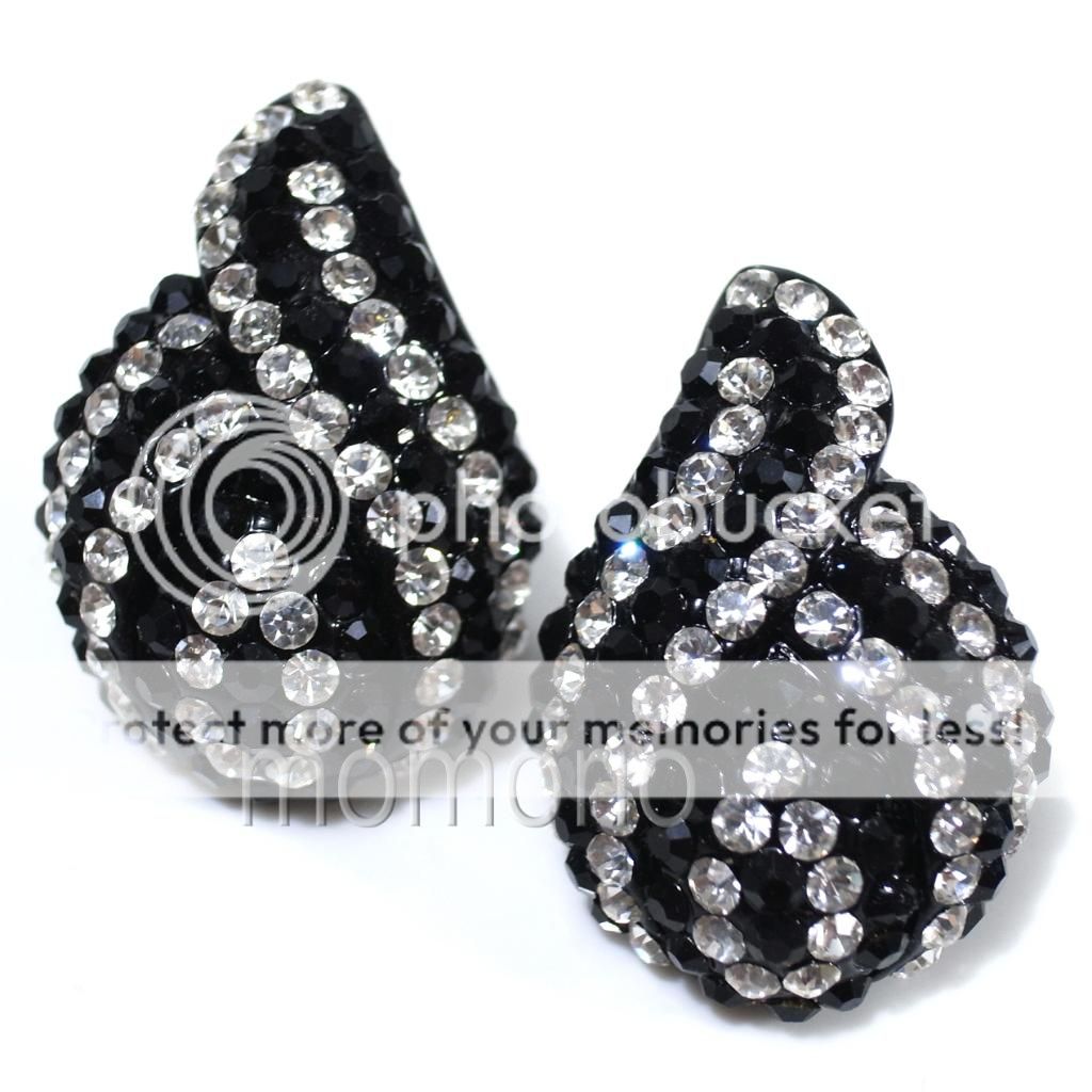 Black white loop pear cocktail studs CRYSTAL ear ring antique 