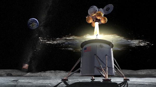 An artist's concept of the ascent stage of a lunar lander lifting off from the Moon's surface.