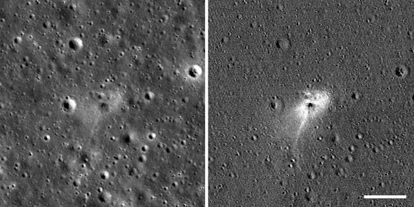 Unprocessed and processed versions of the image showing the crash site of Israel's Beresheet lunar lander...taken on April 22, 2019.