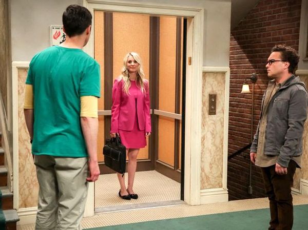 Sheldon (Jim Parsons) and Leonard (Johnny Galecki) watch as Penny (Kaley Cuoco) arrives on their apartment's floor...via the elevator that was broken for 12 years on THE BIG BANG THEORY.
