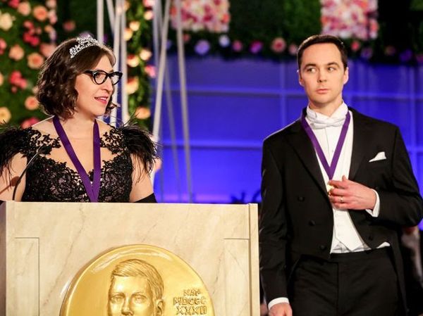 Sheldon watches as Amy gives her acceptance speech after winning the Nobel Prize in Physics on THE BIG BANG THEORY.