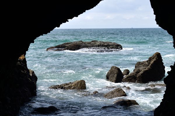 The Pacific Ocean as seen from the second opening at Pirate's Cave in Dana Point, CA...on April 20, 2019.