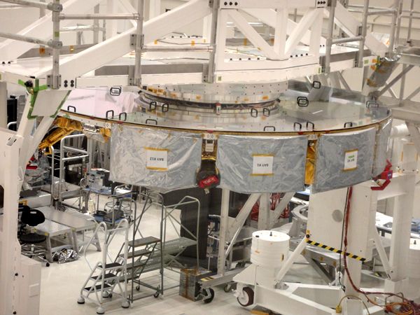 The Mars 2020 rover's cruise stage is on display inside the Spacecraft Assembly Facility at NASA's Jet Propulsion Laboratory near Pasadena, California...during Explore JPL on May 18, 2019.