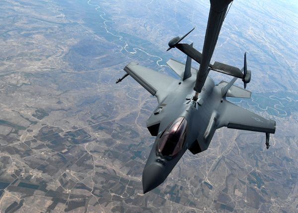 A U.S. Air Force F-35A Lightning II aircraft undergoes aerial refueling by a KC-10 Extender during a combat operation in Iraq...on April 30, 2019.