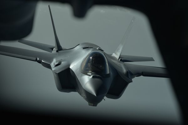 The F-35A Lightning II as seen from aboard the KC-10 Extender that refueled it in midair during a combat operation in Iraq...on April 30, 2019.